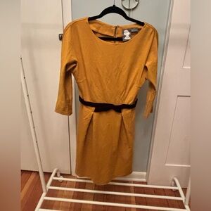 Elegant Mustard Long Sleeve Dress with Black Accent